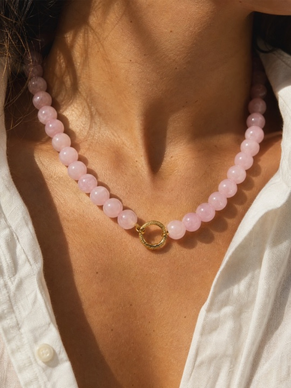 Genuine Rose Quartz with Circle Carabiner Necklace NWOT
